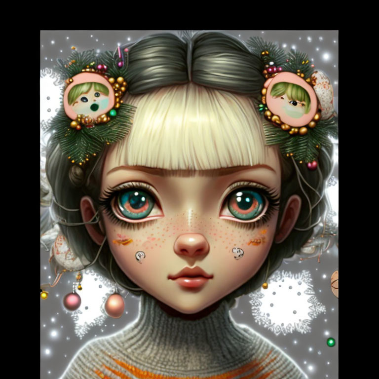 Illustration of a girl with green eyes, freckles, and greyish hair in festive winter