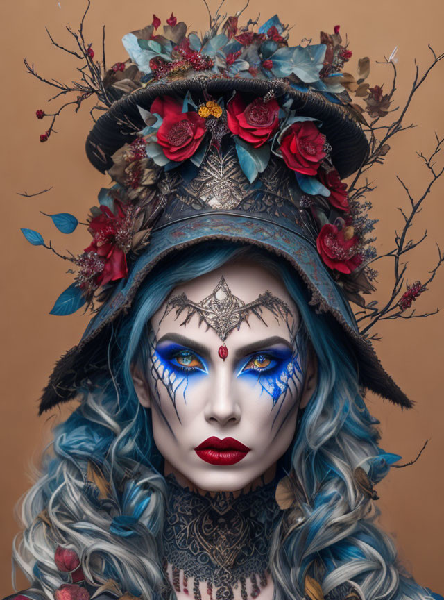 Artistic Blue Toned Makeup with Floral Hat on Tan Background