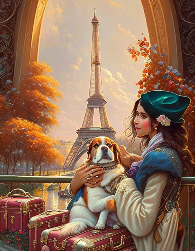 Woman with dog on Paris balcony overlooking Eiffel Tower at sunset