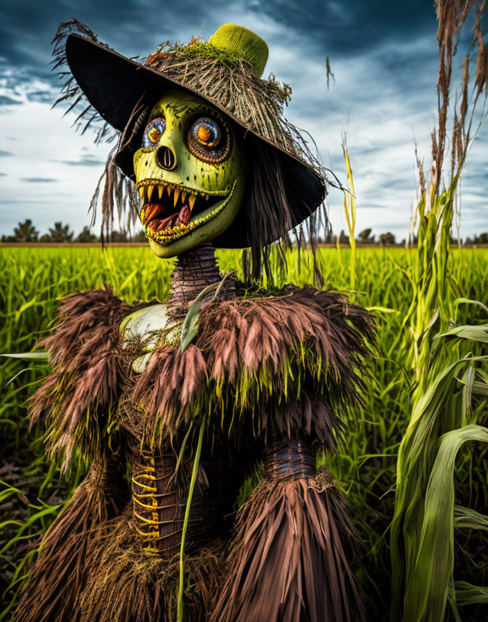 Spooky scarecrow with wide grin in green field under cloudy sky