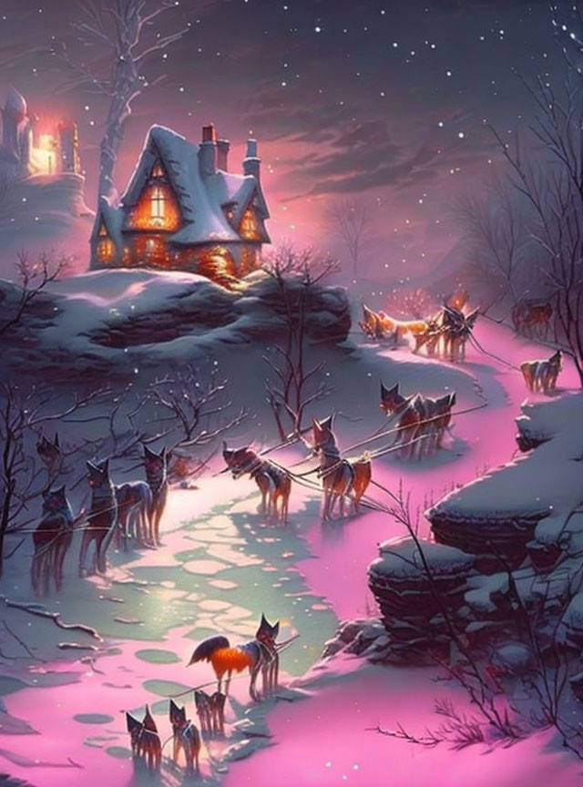 Winter Cottage Scene with Fox-like Creatures in Snowy Landscape