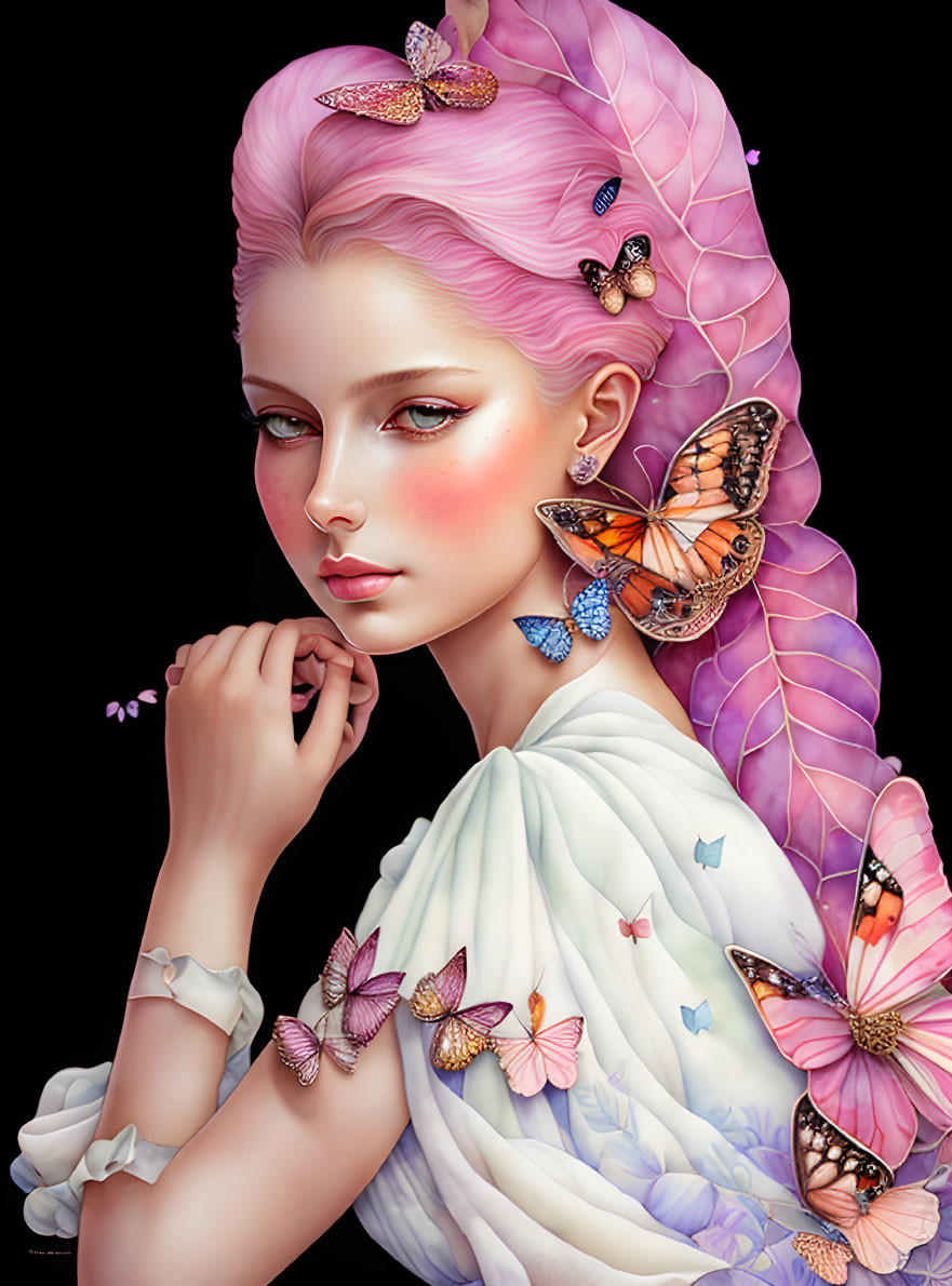 Pink-haired woman with butterfly adornments in serene pose on black background.