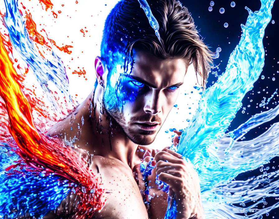 Man with Split Fire and Water Visage, Intense Gaze, Blue Light, Liquid Flames,