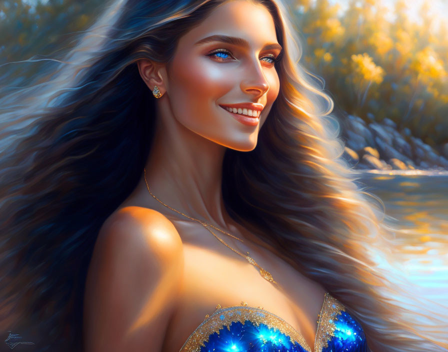 Smiling woman with dark hair in blue dress near sunlit water