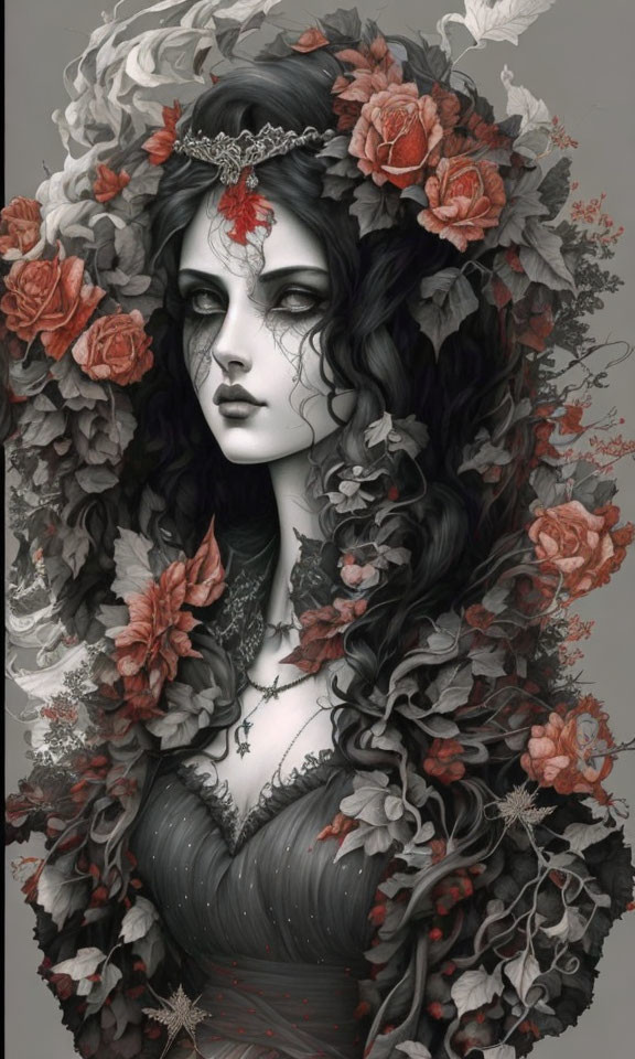 Dark-haired woman surrounded by red roses and green leaves, with gothic attire.