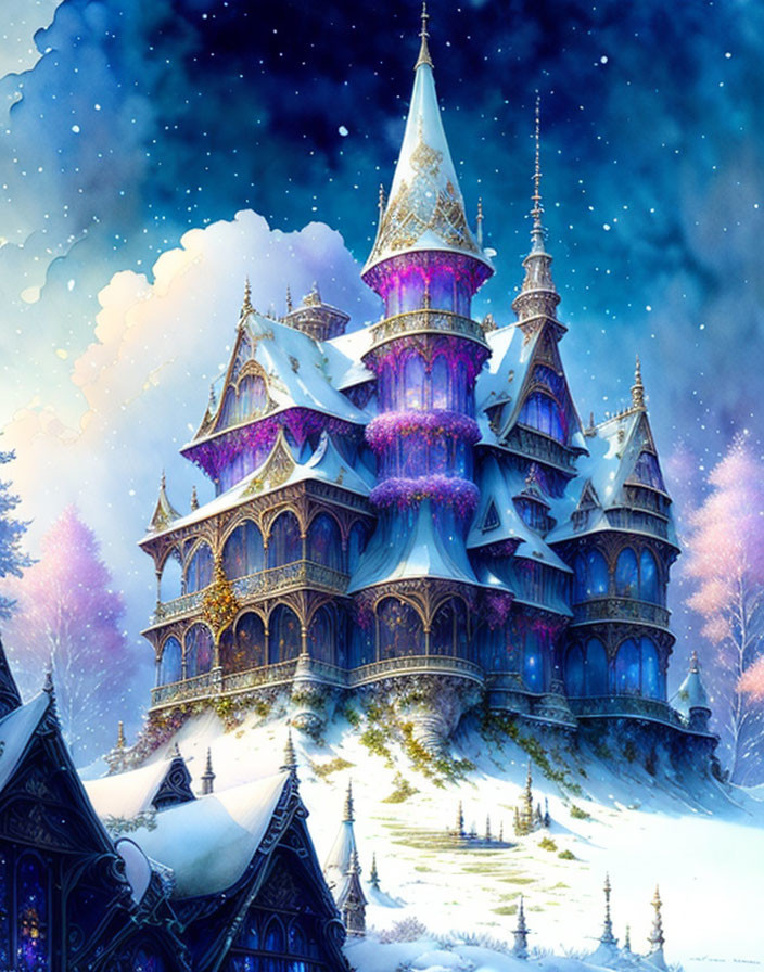 Snow-covered castle in glowing purple and blue hues under starry night sky