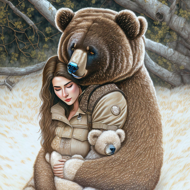 Woman embracing small bear with large bear in wintry forest