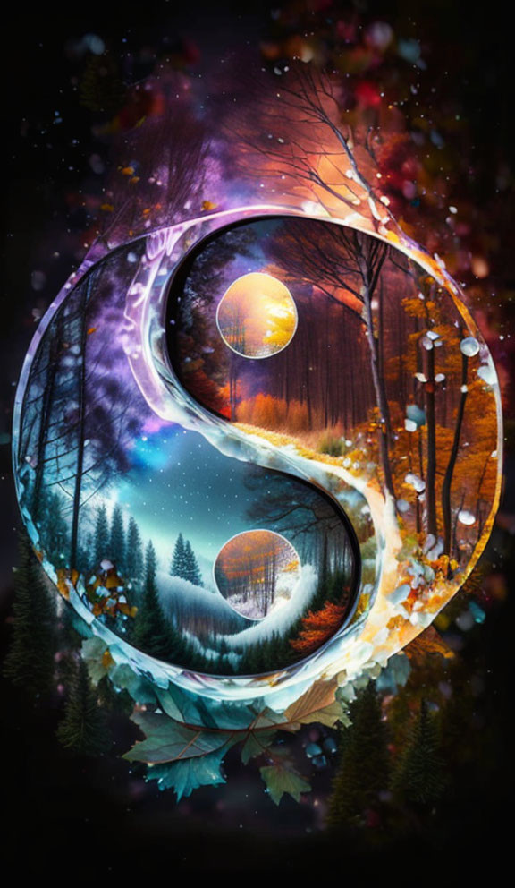 Yin Yang symbol with nature's seasons and elements depicted.