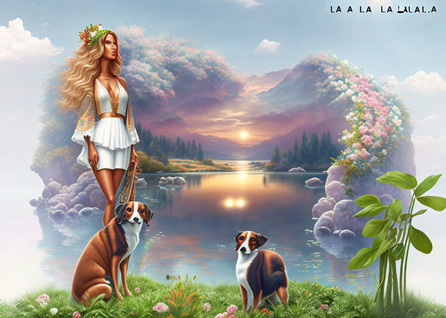 Woman with flower crown, dogs, lake, flowers, sunset landscape, "LA LA LA LAL