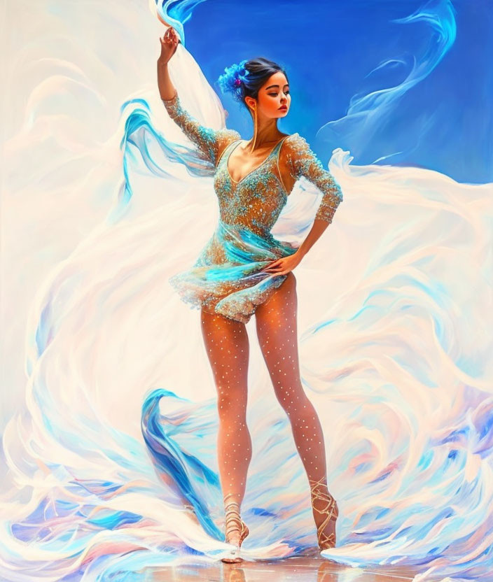 Graceful dancer in glittering costume with blue floral hair accents posing elegantly.