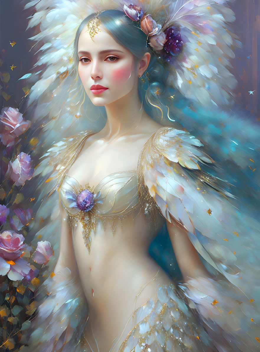 Fantasy illustration of woman with ethereal wings and floral accessories