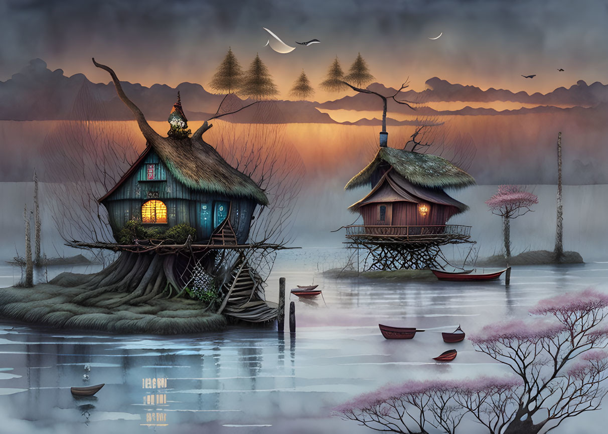 Twilight scene with whimsical treehouses above tranquil lake