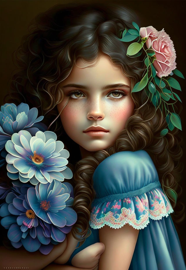 Young girl with curly hair holding blue flowers in digital artwork