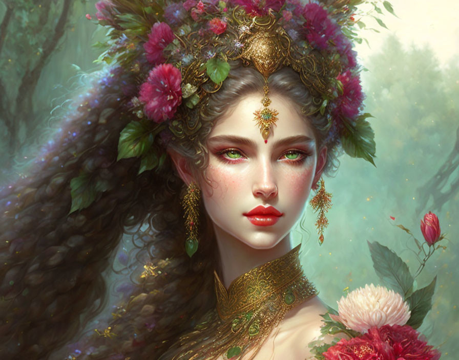 Fantasy female digital art: floral headdress, green eyes, ornate jewelry