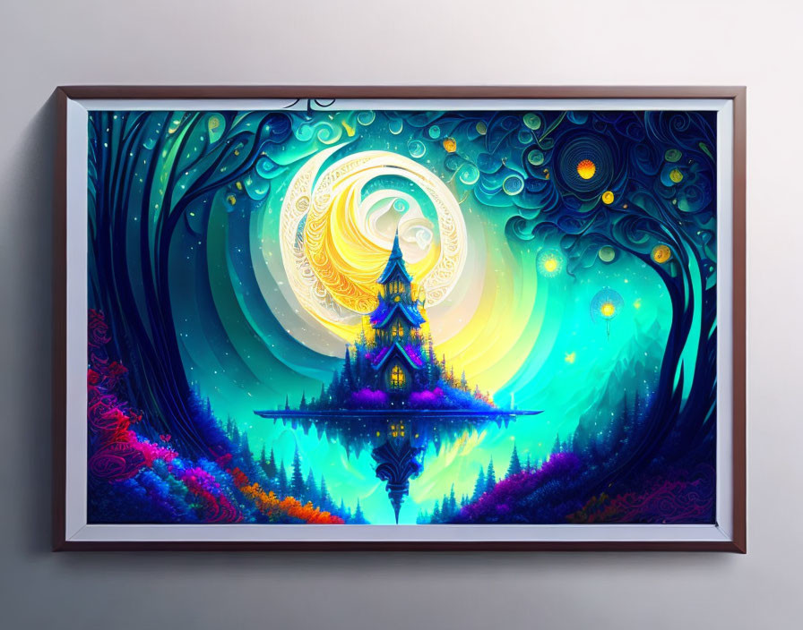 Vibrant digital artwork: Glowing castle in whimsical fantasy landscape