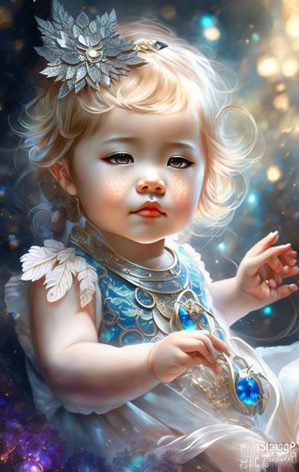 Young child with angelic features in ornate blue outfit against cosmic background