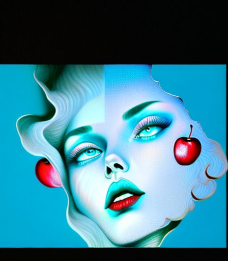 Surreal blue-skinned woman with red lips and cherries on turquoise background