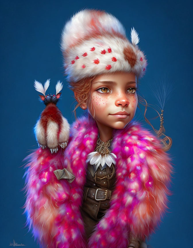 Digital illustration of girl with freckles in white furry hat and pink coat.