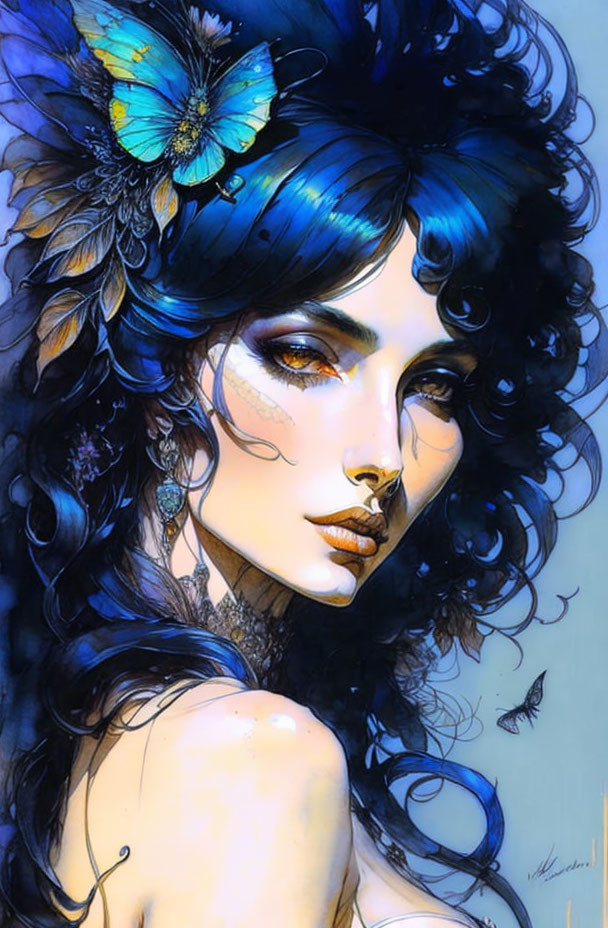 Illustrated portrait of woman with blue hair, feathers, and butterflies