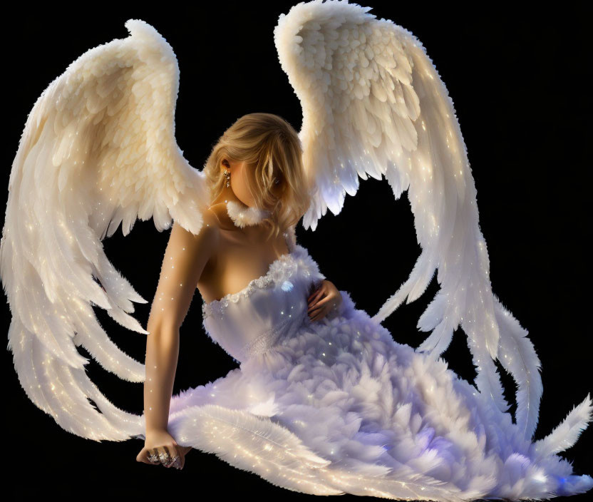 Angel wings and white feathery outfit on black background