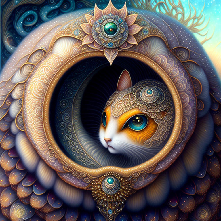 Colorful Cat Illustration with Ornate Patterns and Eye-Like Designs