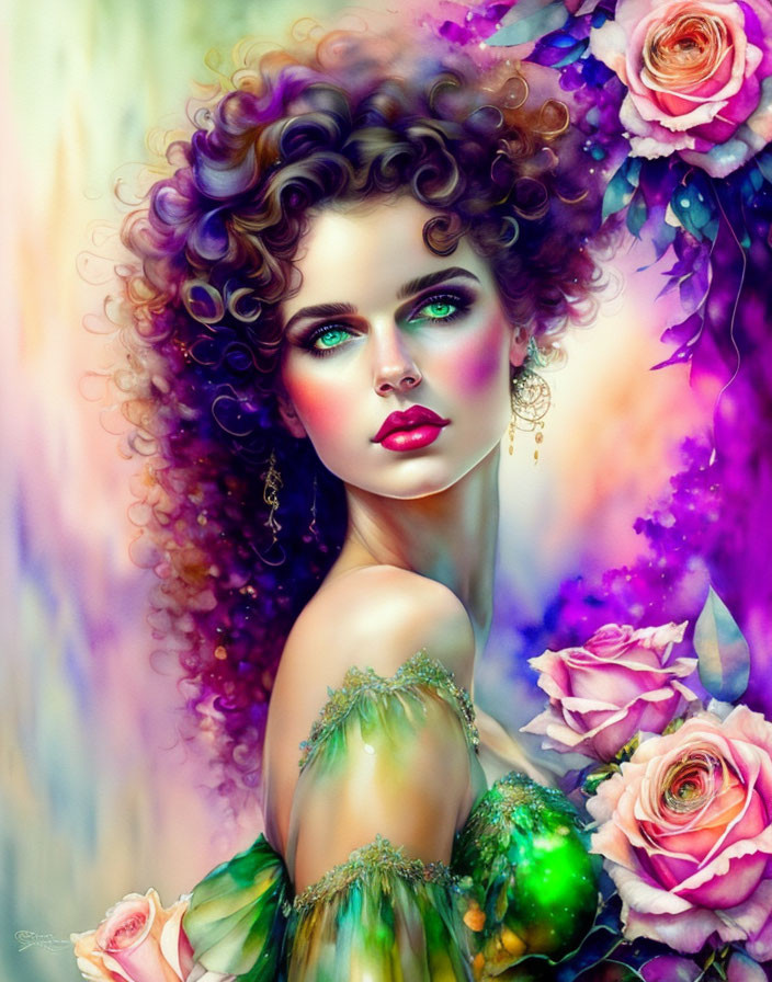 Portrait of Woman with Curly Hair and Green Eyes Surrounded by Flowers