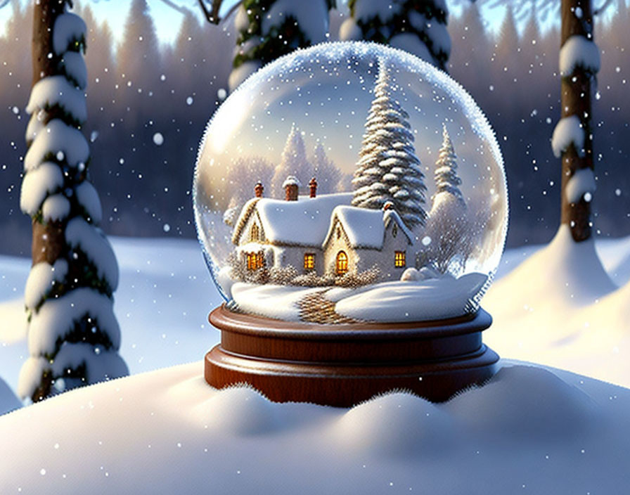 Miniature winter scene snow globe with cozy house and pine trees on wooden base