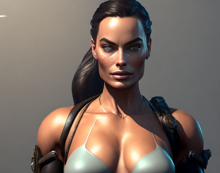 Female character with sleek hair, bold eyebrows, and futuristic outfit