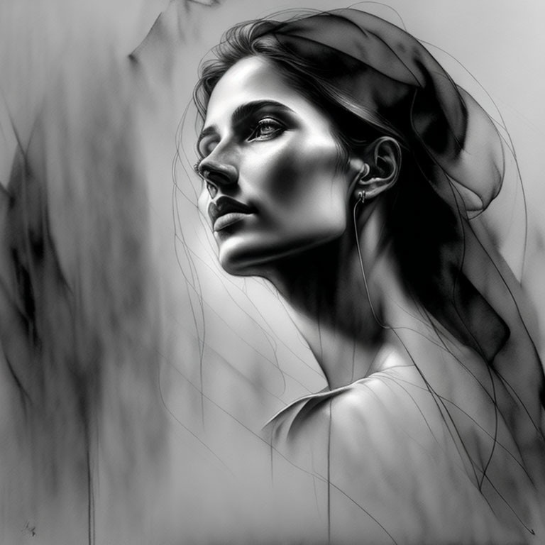 Detailed Monochrome Illustration of Serene Woman's Expression