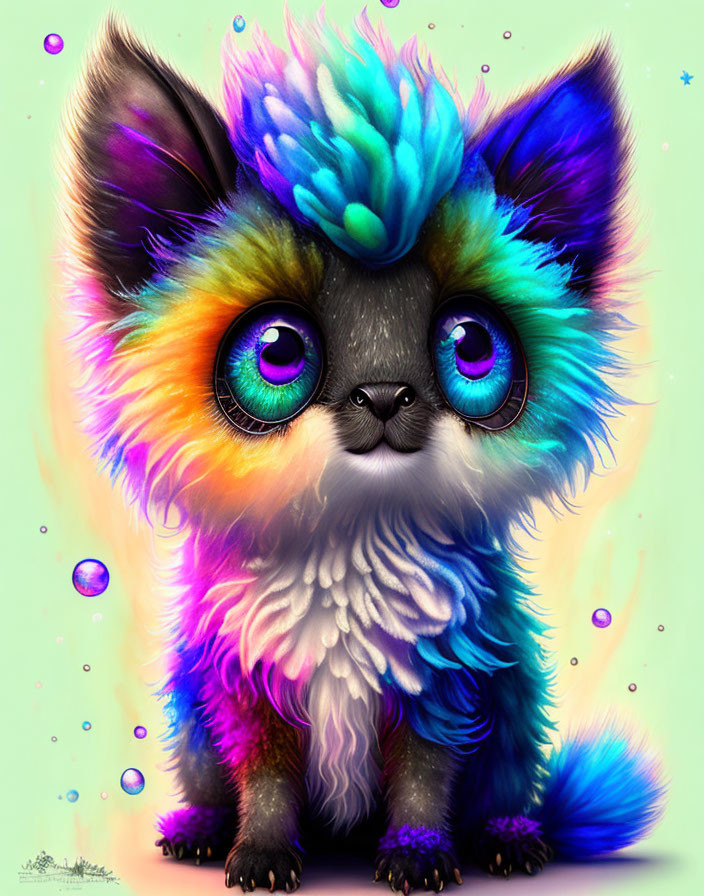 Colorful Creature with Purple Eyes and Rainbow Fur on Pastel Background