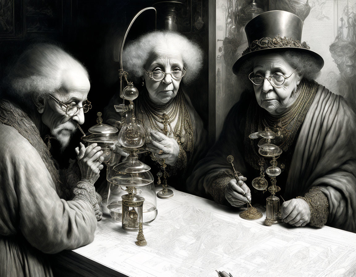 Elderly Steampunk Characters Engage in Scholarly Exploration