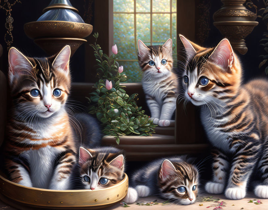 Striped fur kittens near antique brass pot by window with reflections