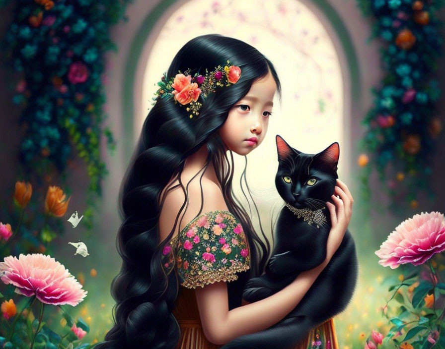 Girl with Long Hair Holding Black Cat Surrounded by Flowers