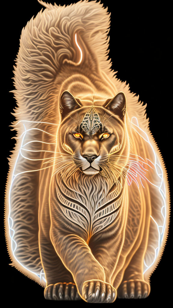 Stylized digital art: Amber cougar with tribal markings & fiery aura