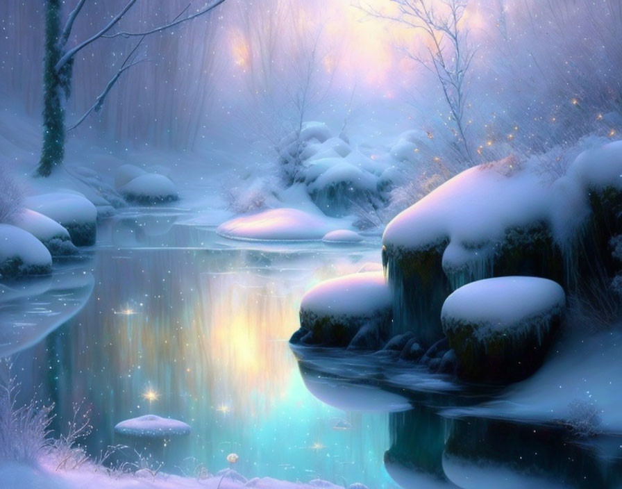 Snow-covered rocks, calm river, golden light: Serene winter landscape.