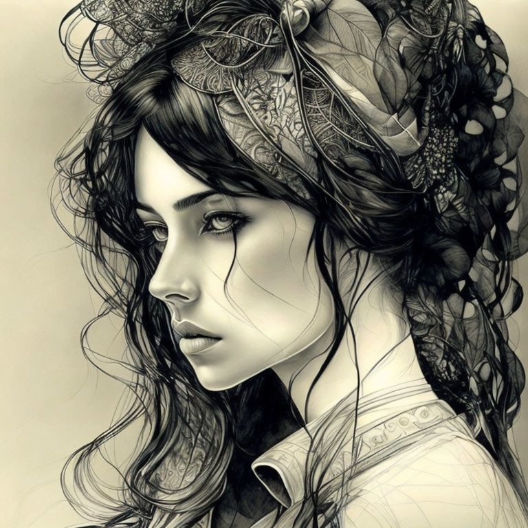 Detailed monochrome portrait of woman with flowing hair and intricate headpiece