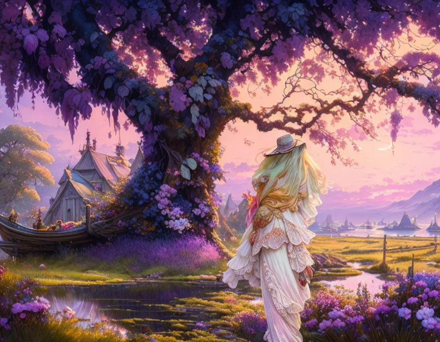 Vintage-clad woman under blossoming tree in scenic landscape with cottage and mountains at sunrise/sunset