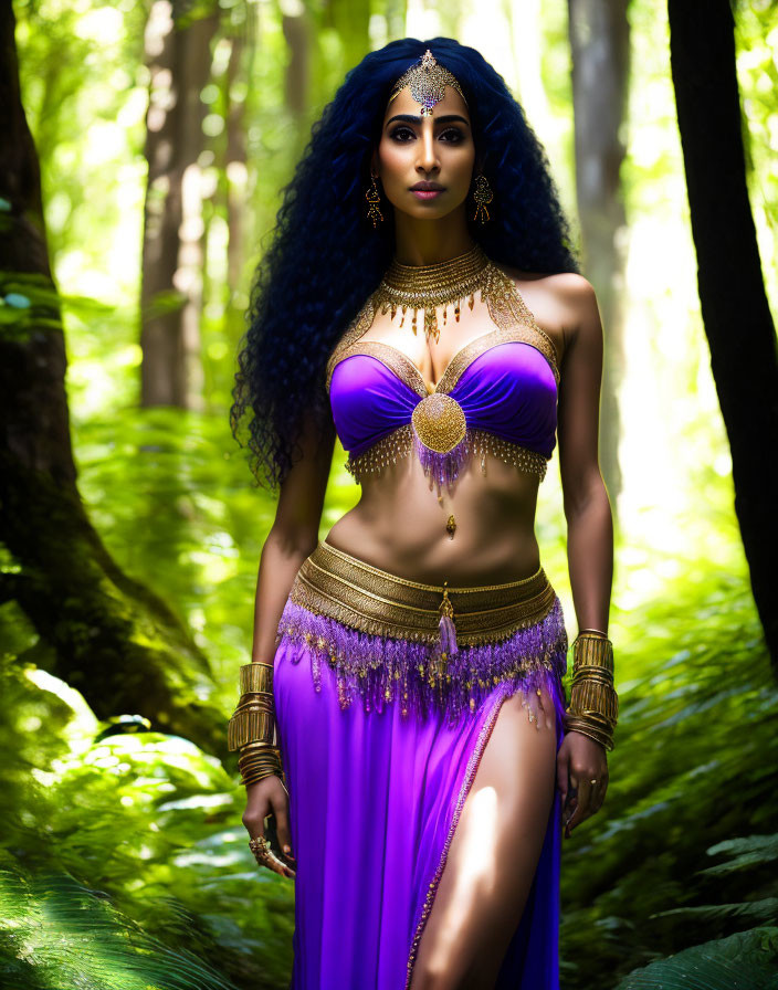 Vibrant purple and gold belly dancer in forest setting