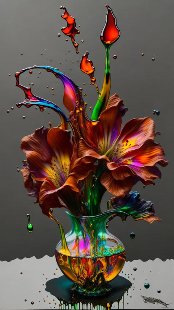 Colorful digital artwork: Glass vase with exploding liquid transforms into fiery lilies