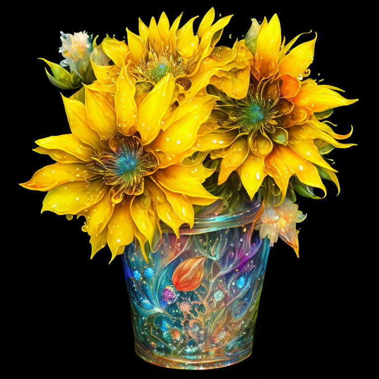 Yellow sunflowers in cosmic-patterned vase on black background