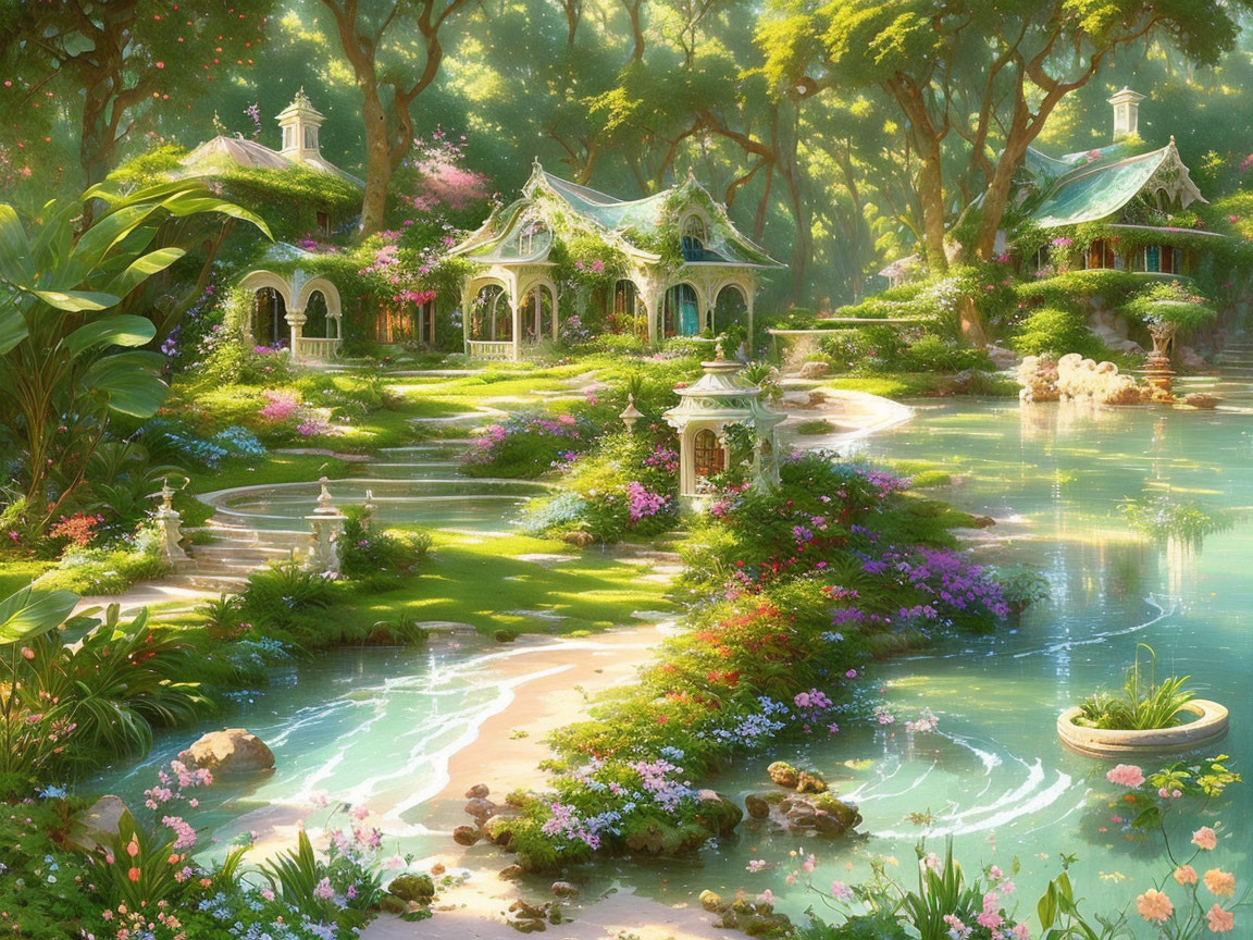 Whimsical cottages in an enchanted garden with serene pond