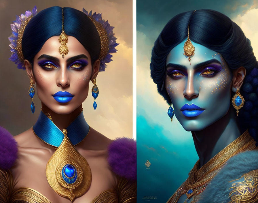 Artistic portraits of woman with blue skin and gold jewelry on warm background