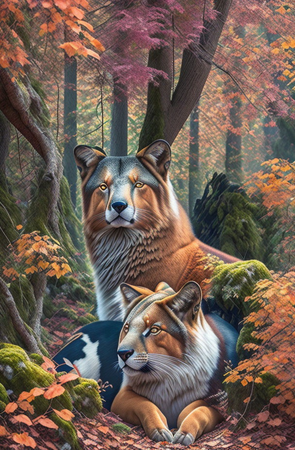 Surreal Image: Fox-like Creatures with Human-like Eyes in Autumnal Forest