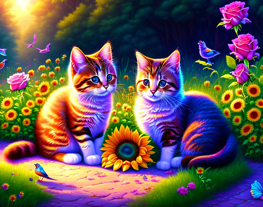 Colorful Kittens Surrounded by Flowers and Butterflies