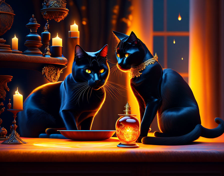 Black Cats with Glowing Eyes and Crystal Ball on Table surrounded by Candles