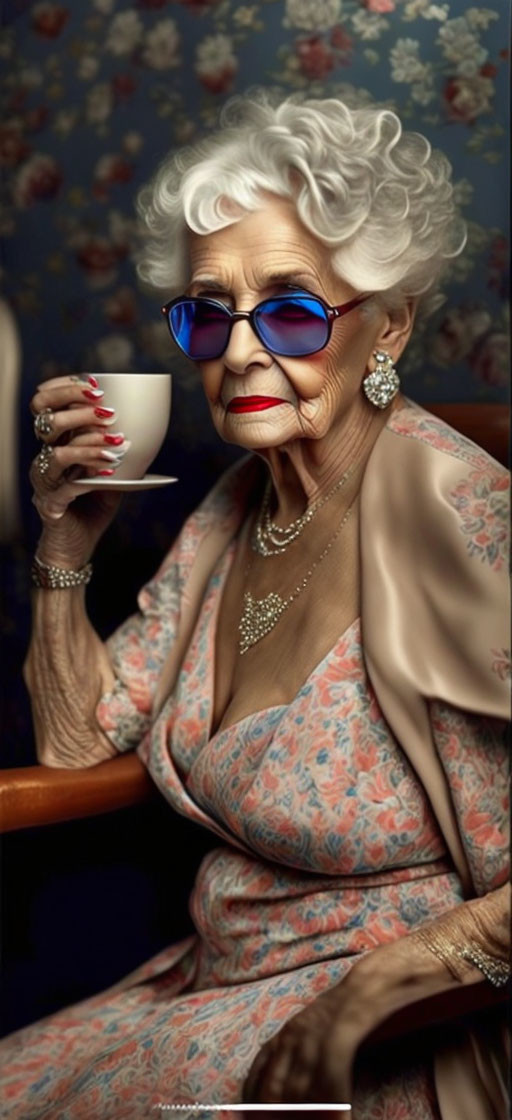 Elderly Woman in Blue Sunglasses with White Hair and Teacup