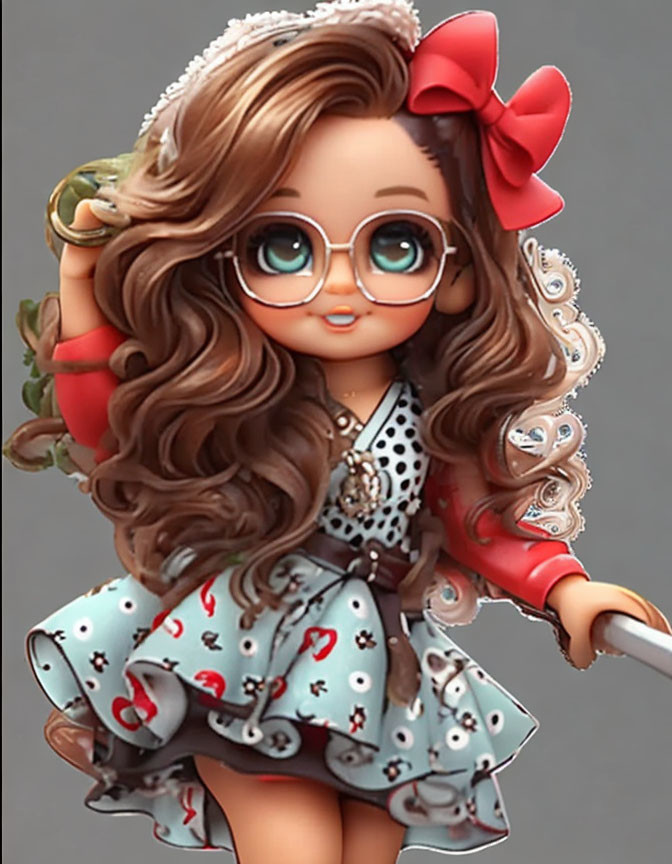 Stylized animated girl with glasses, brown hair, polka-dotted dress, and sword