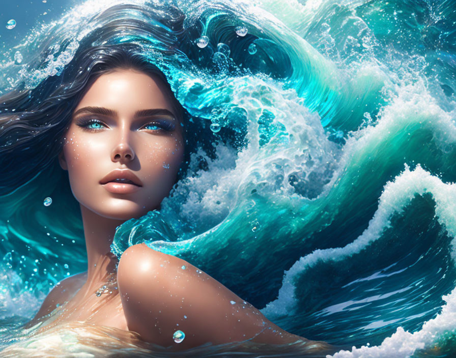 Digital Artwork: Woman with Blue Eyes and Dark Hair Blending into Water Wave