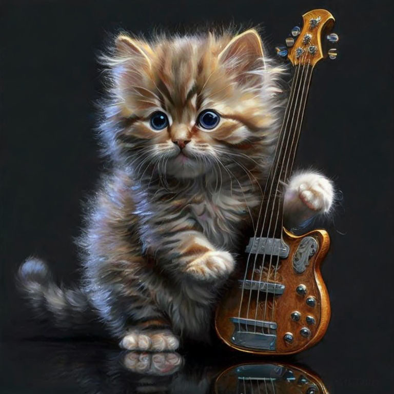 Fluffy kitten with miniature wooden bass guitar on reflective surface