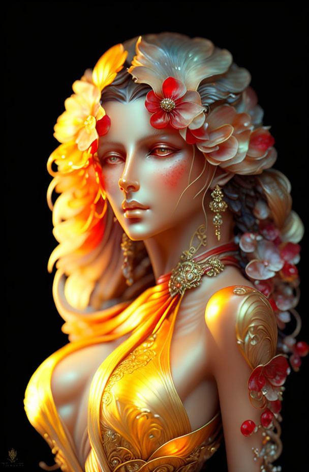 Digital artwork: Female figure in ornate golden attire with flowers and jewels on dark background